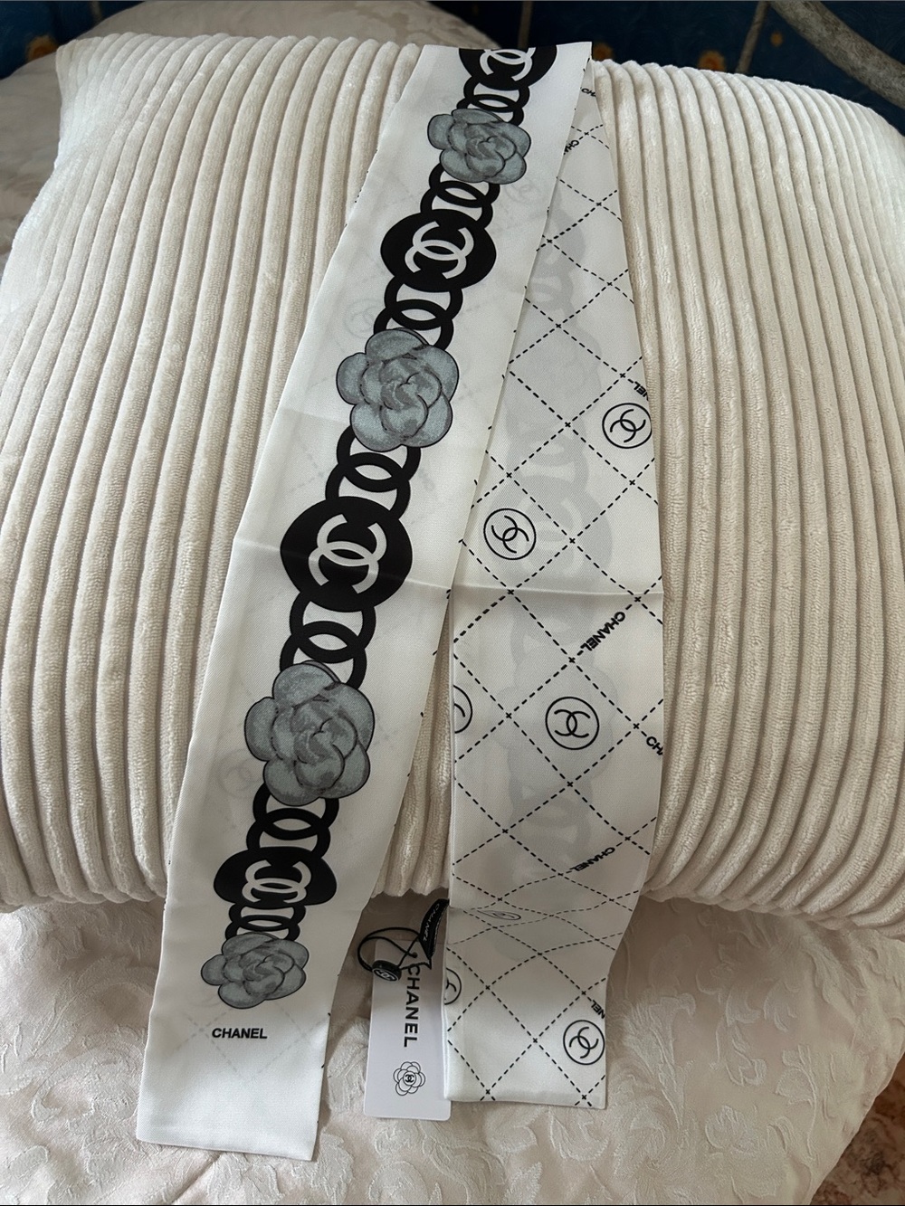 Camellia Logo 100% Silk Twilly Scarf Black White Gray NWT
